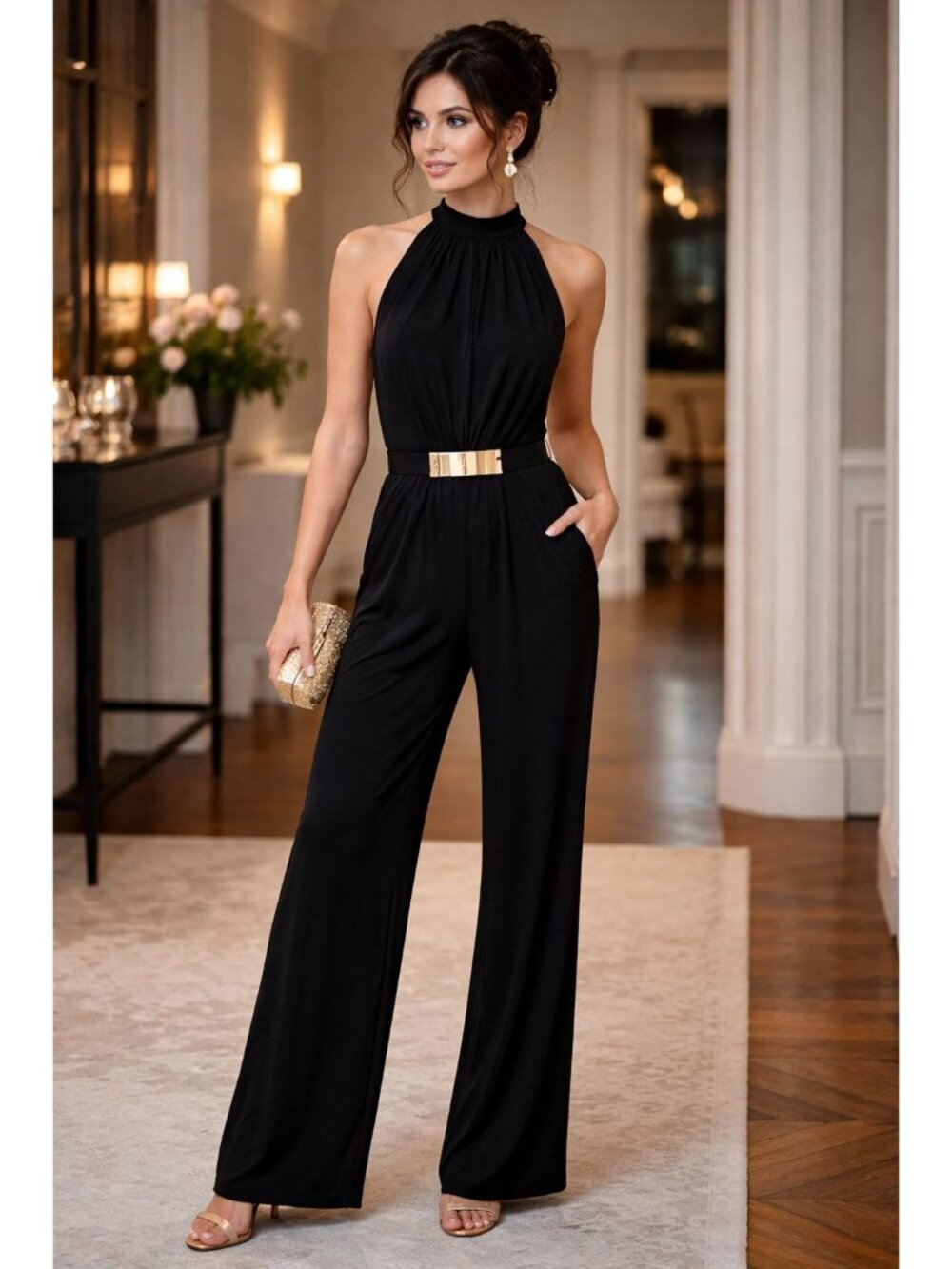 NY & Company Women's Sleeveless Jumpsuit Black Size L Wide Leg Halter Evening Ca